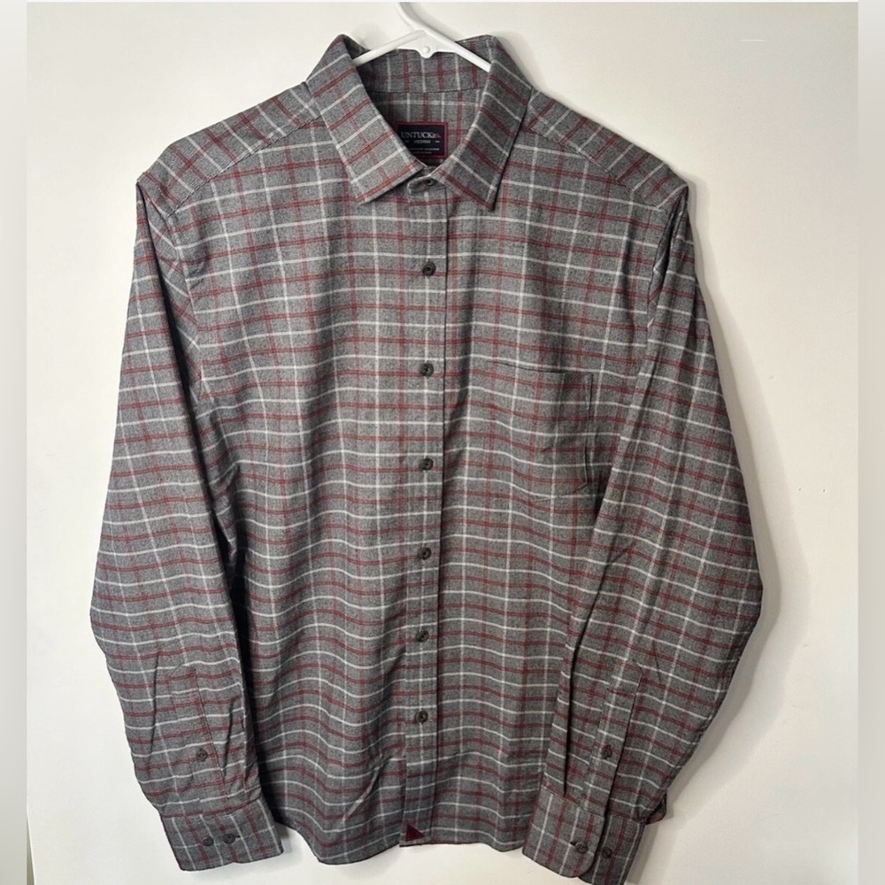 Untuckit Gunther Men’s Long Sleeve Plaid Button Up Shirt Gray And Red Medium